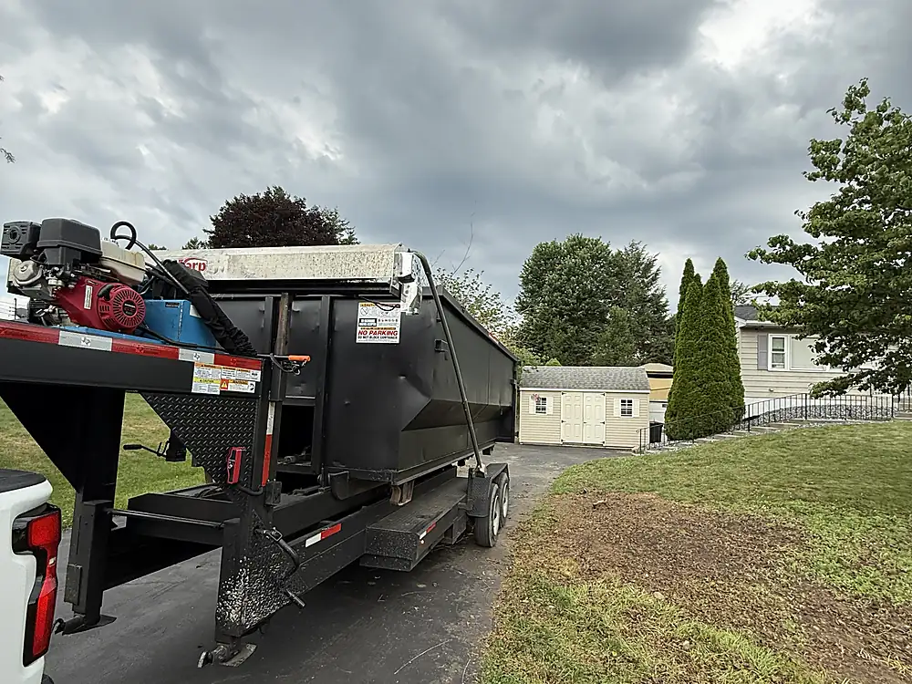 Black dumpster on site for a tree removal and stump job in Beacon, NY — 845 Dump 'N Haul